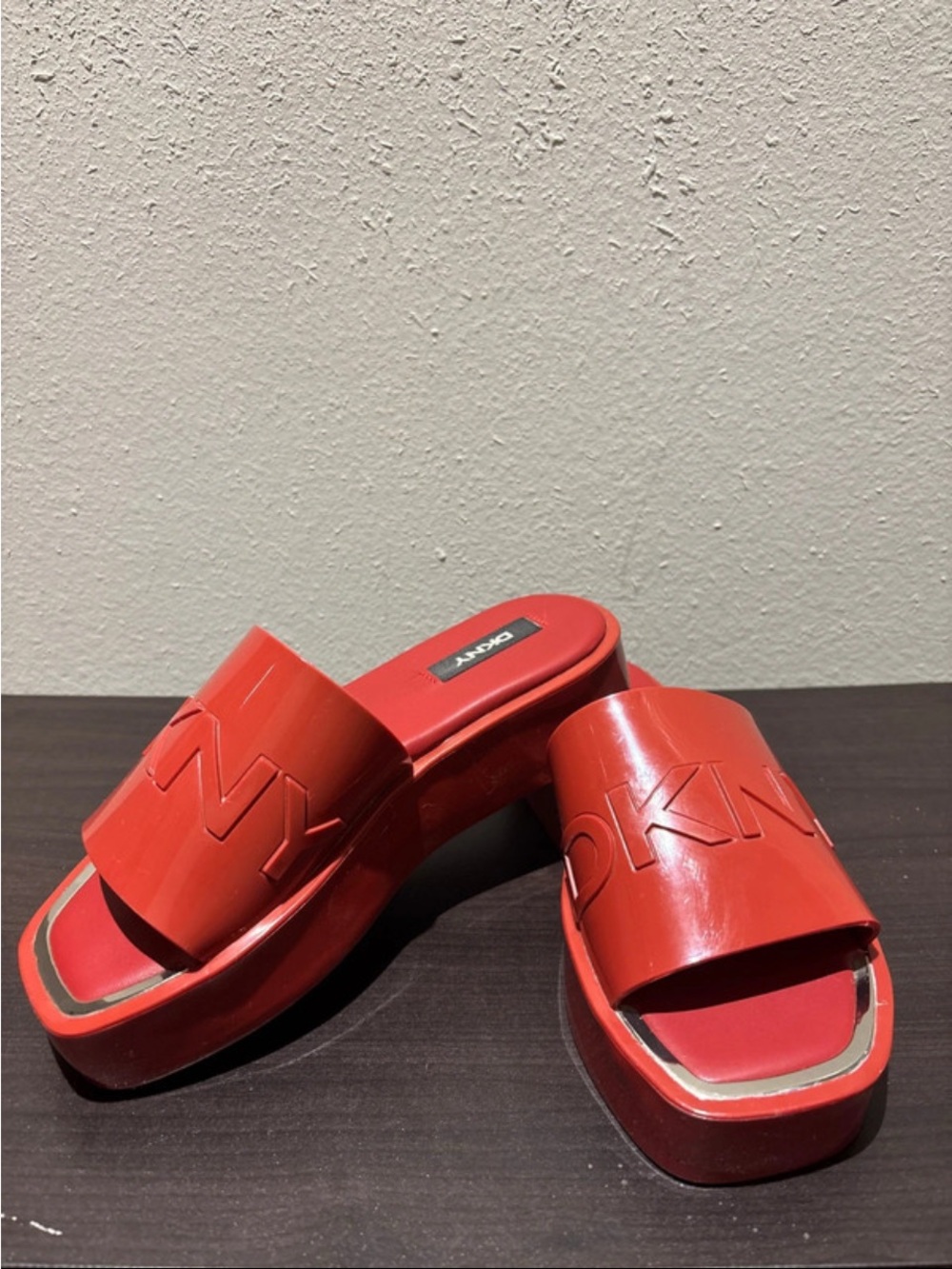 DKNY Red Glossy Platform Slide Mules